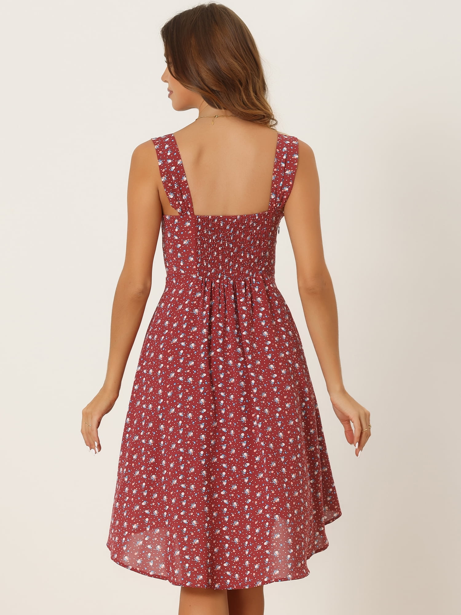 Unique Bargains Women's Square Neck Sleeveless Floral Smocked Summer Boho Dress XL Red