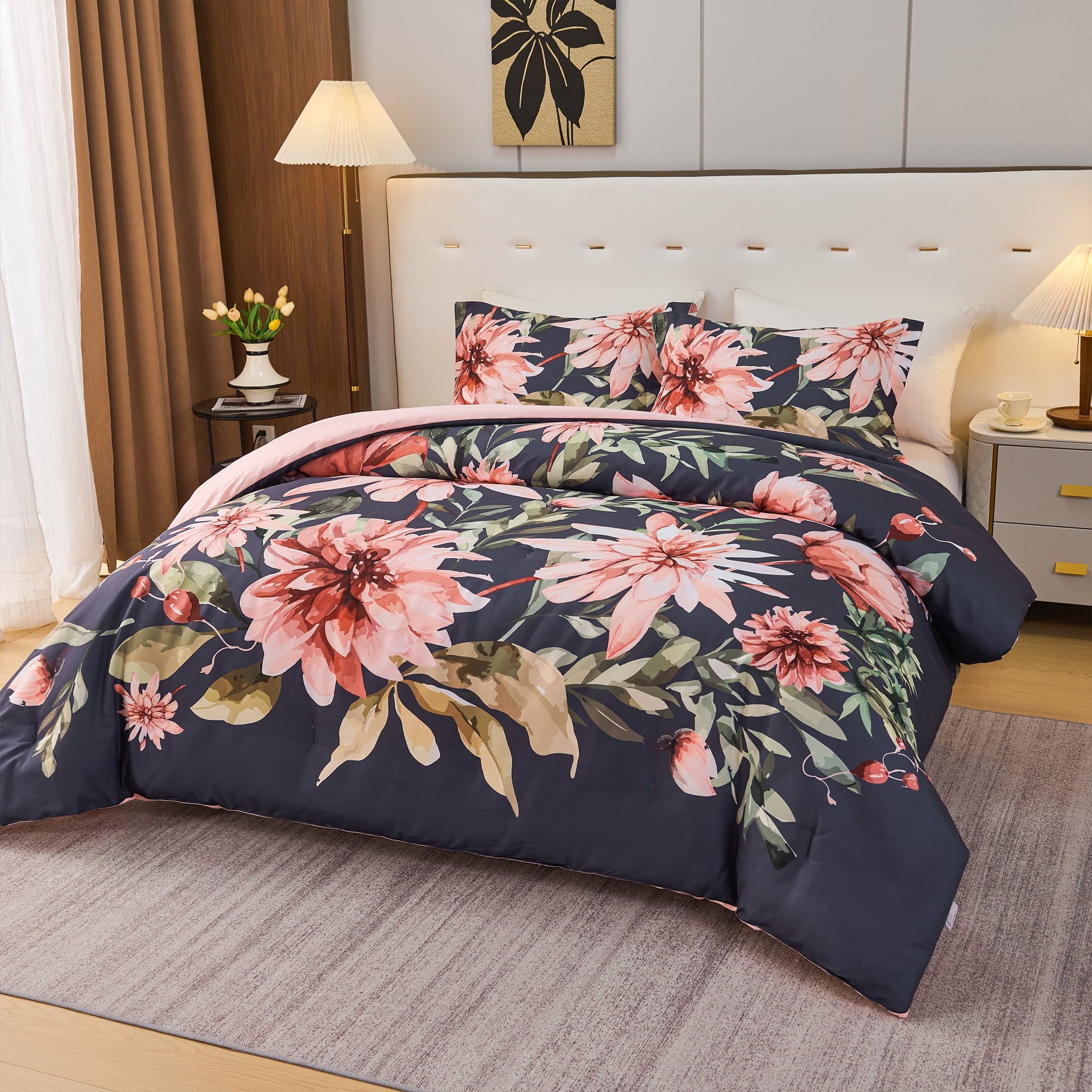 Koniroom Black and Pink Floral Comforter Set King Size – Reversible 3 Pieces Botanical Flower Bedding for All Seasons