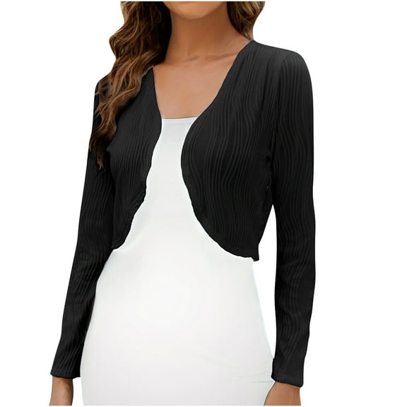 Long Sleeve Bolero Shrugs Womens Ribbed Cropped Cardigans Open Front Lightweight Tops Cover Ups for Dress Black, M