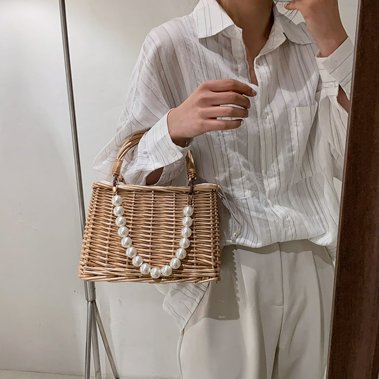 Xewsqmlo Vintage Women Rattan Woven Tote Bags Beach Pearl Mini Basket Handbag C Walmart