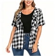 thumbnail image 3 of Setooff Womens Short Sleeve Tops, Hooded Buffalo Plaid Open Shirt, Pocket Loose Plus Size Blouses Casual Outerwear, 3 of 7