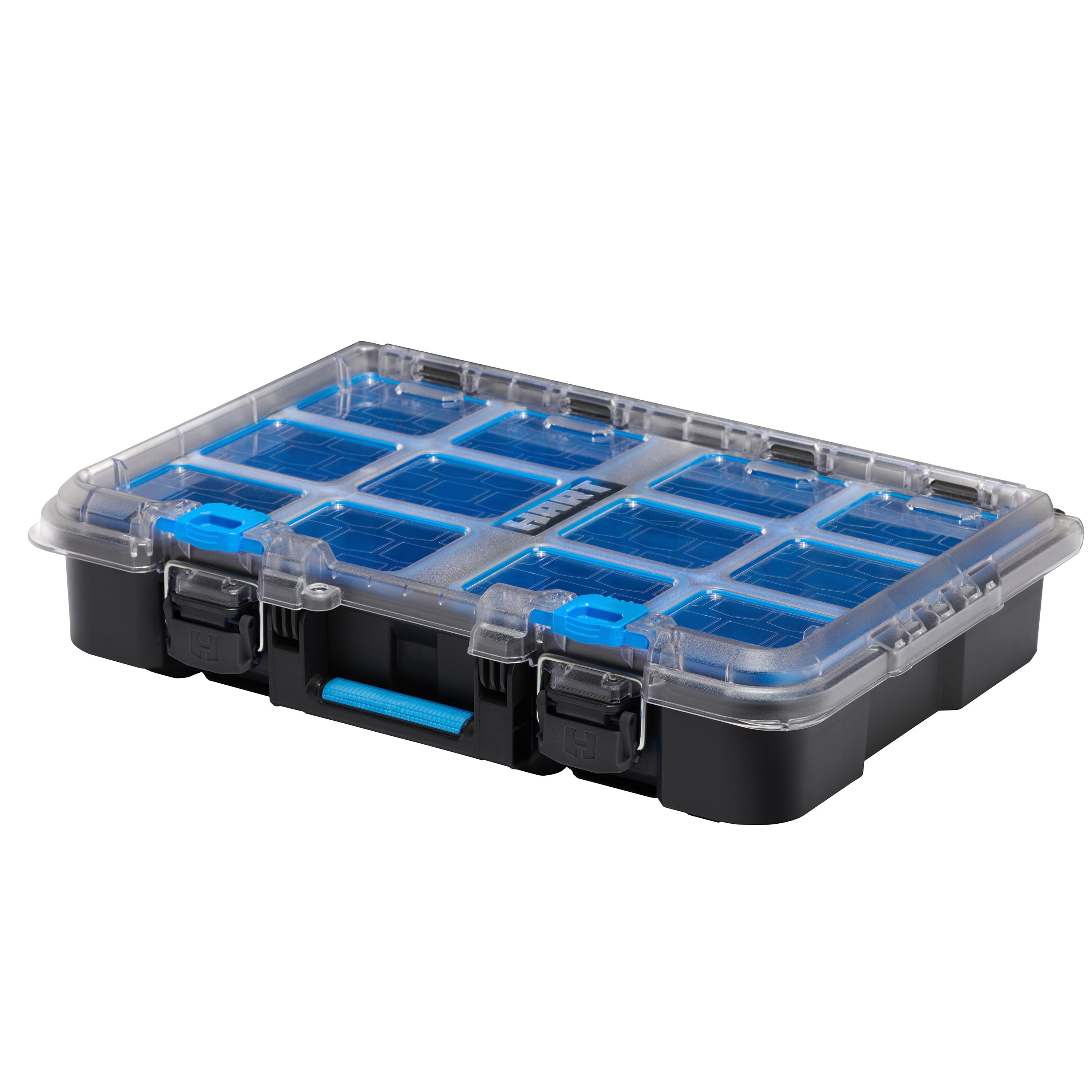 HART Stack System Small Parts Organizer with Removable Bins, Black with Blue Accents