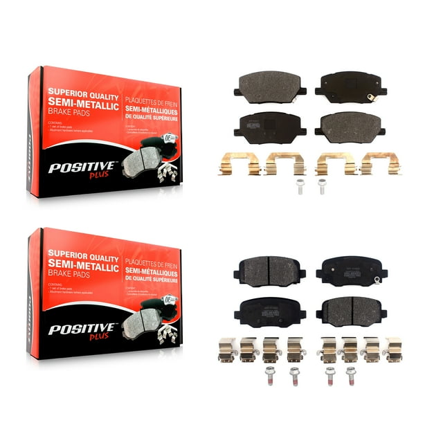 Positive Plus Front Rear Semi-Metallic Brake Pads Kit for Car Jeep Renegade Dodge Hornet Fiat 500X KPF-100483. The image shows the kit, including front and rear semi-metallic brake pads with hardware, designed for 2023-2024 Dodge Hornet (without red painted calipers), 2016-2021 Fiat 500X, and 2015-2022 Jeep Renegade. Features include PowerGrip™ semi-metallic formula for high braking power, fiber-reinforced multi-layer shim for noise reduction, and High Carbon SteelRX™ alloy with anti-rust black paint for durability. Packaged in a branded Positive Plus box.