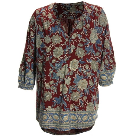 Lucky Brand Women's Plus 3/4 Sleeve Split Neck High-Low Hem Top 3x Red