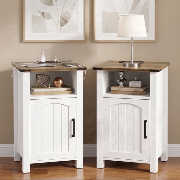 Easoger Set of 2 Farmhouse Nightstand with Charging Station, Modern End Tables with Drawer & Cabinet, USB & Type-C Ports, Wood Rustic Bedside Table for Bedroom, White   Walnut