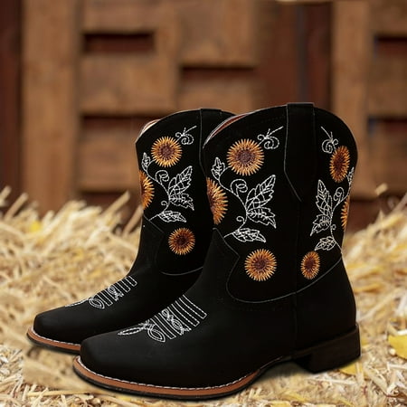 

ZMHEGW Women Boots Heel Large Style Toe Ankle Embroidered Ethnic Boots Shoes