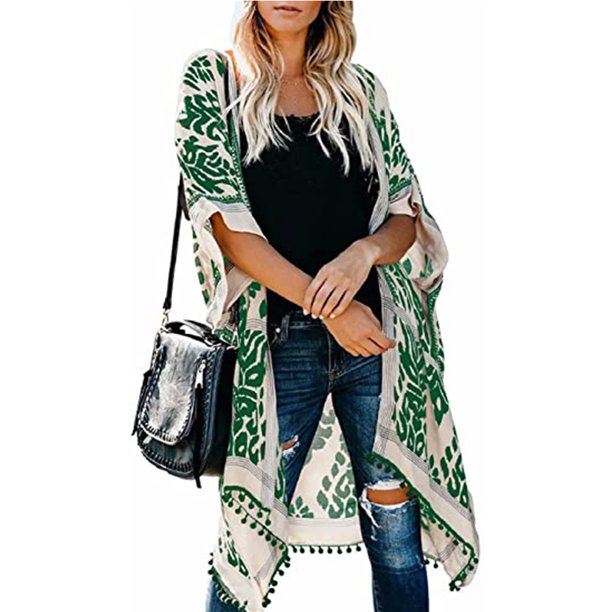Mujeres Beach Cover Up Kimono Trim Solid Chiffon Spring Tropical Pool Kimonos Duster Cardigan Tops Maternidad Tallas grandes Summer Print Traje de baño Traje de baño Lady Bikini Casual Loose Coverups PXYMOER cárdigan