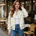 thumbnail image 2 of Xixirimido Womens Bomber Jacket Cropped Zip Up Varsity Jacket Loose Fit Casual Coat Lightweight Fall Winter Outerwear With Pockets, Chickens Floral Beige, Large, 2 of 7