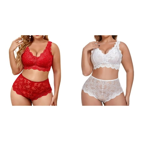 Lojoutye 2 Pack(White 1PCS & Red 1PCS) Multipack Lace Pajama Set Plus Size V Neck High Waist Floral Lace Bra and Panty 2 Lace Up Top Set Piece Set No Underwire