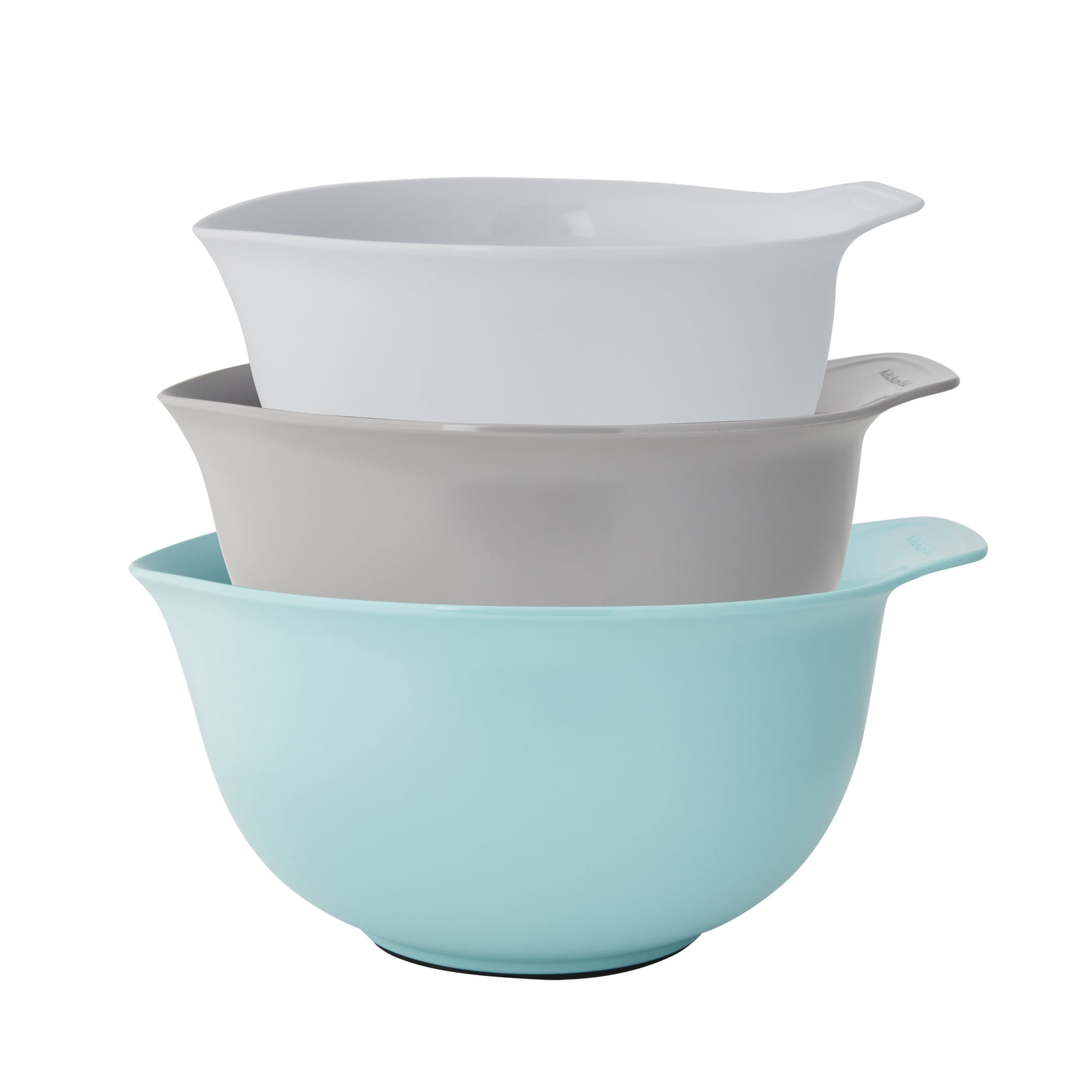 KitchenAid Universal Set of 3 Plastic Mixing Bowls Aqua Blue, Gray and White