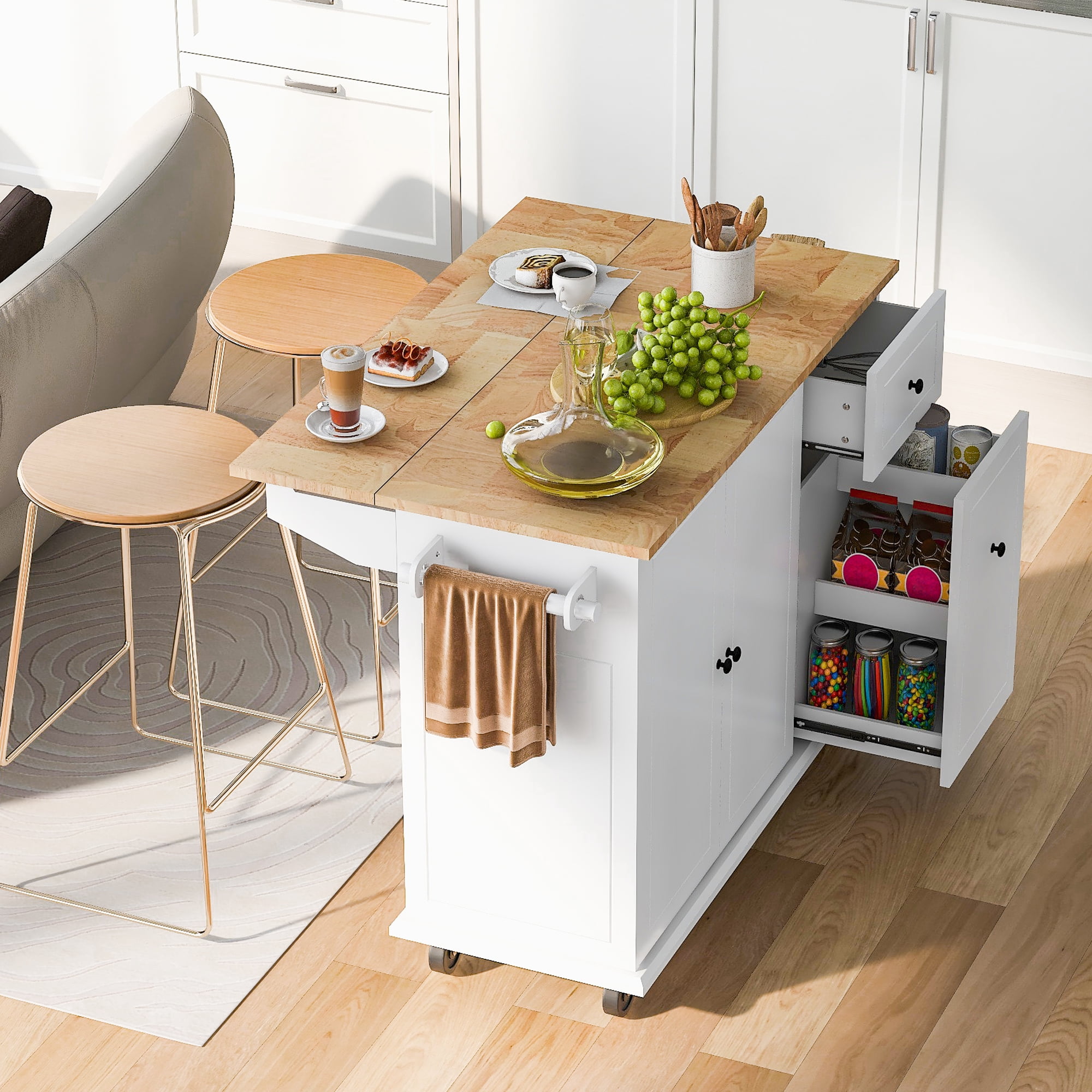DEALTOPS Kitchen Island with Drop Leaf, 53.9" Rolling Kitchen Cart on Wheels with Storage Rack and Pull Out Cabinet Organizer-White
