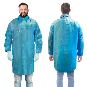 Disposable Lab Coats for Adults X-Large 41" Long, Pack of 40 Blue Medical PPE Coat 40 GSM, Waterproof Lab Coat with Cuffs, Unisex Painting Lab Coat with Hook & Loop Fasteners