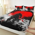 thumbnail image 3 of jejeloiu Japanese Samurai Bed Sheets,Gray Splashing Ink King Sheets,Red Moon Sheet Set For Adults,Microfiber Bedroom Decor,4 Pieces, 3 of 7