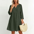 thumbnail image 2 of Women Solid V Neck 3/4 Sleeve Cotton Linen Mini Dress, Loose Casual Swing Dress, Breathable Vacation Dress Army Green XL(XL), 2 of 8
