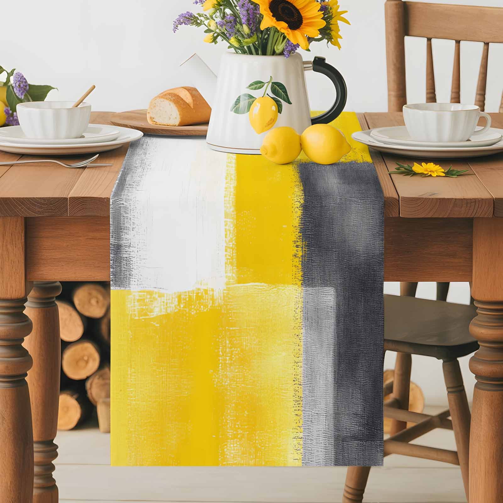 Kitchen Table Runner 90 Inches Long, Vintage Yellow Black White Grey Cotton Linen Table Runners for Dining Tables Home Holiday Party Wedding, Abstract Texture Tabletop Scarf