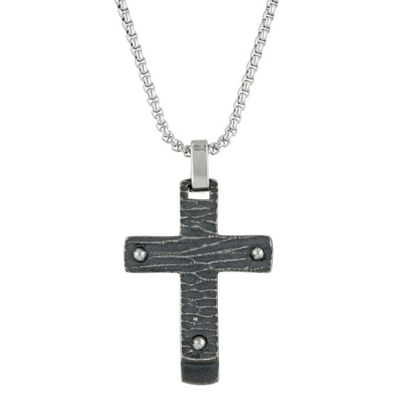 Metro Jewelry Black Ion Plated Stainless Steel Rustic Cross Pendant - 24 Inch Round Box Chain