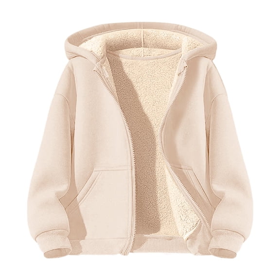 HOSIA Fleece Lined Sherpa Sweatshirt Jacket for Kids Girls Boys Full Zip Up Hoodie Jacket Casual Warm Sherpa Lined Sweatshirt Fall Winter Soft Comfy Thermal Coat with Pockets Cold Weather Beige 110