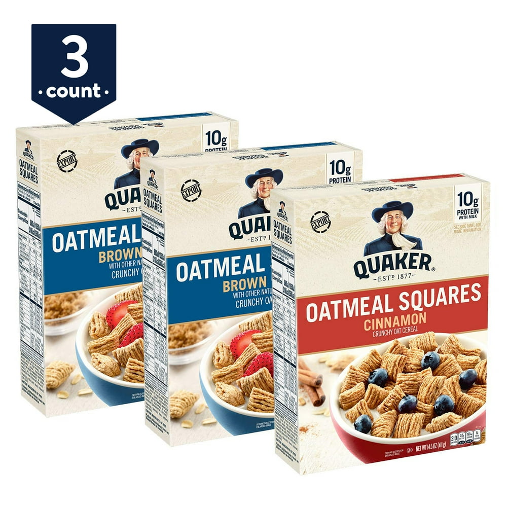 Quaker Oatmeal Squares Breakfast Cereal, Variety Pack, 3 Boxes (2 Brown