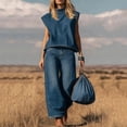 thumbnail image 2 of TEAJOPSUU Womens 2 Piece Denim Sets Sleeveless Cap Sleeve Mock Neck Tank Tops High Waist Wide Leg Jean Pants with Pockets Sets Casual Daily Outfits Blue, 2 of 5