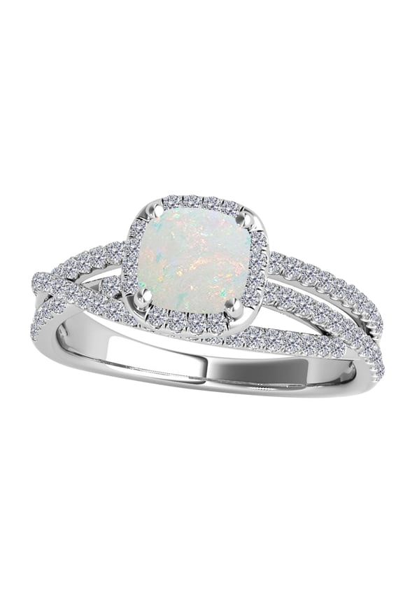 1.35 Carat Cushion Shape Opal & White Diamond Split Shank Ring In 14K Solid White Gold