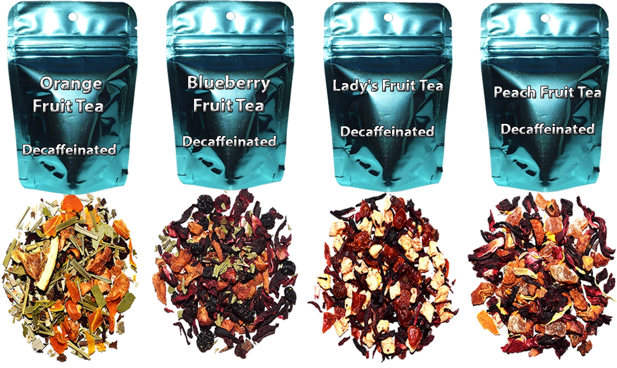 Chinese Tea Culture 4 Fruit Tea Samplers, Decaffeinated, Peach Tea, Blueberry Tea, Orange Fruit Tea, Lady's Fruit Tea, Loose Leaf Tea