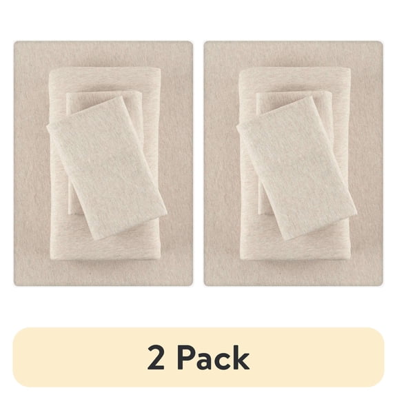 (2 pack) Mainstays Cotton Rich Extra Soft Jersey Bed Sheet Set, Queen, Oatmeal Heather, 4 Pieces