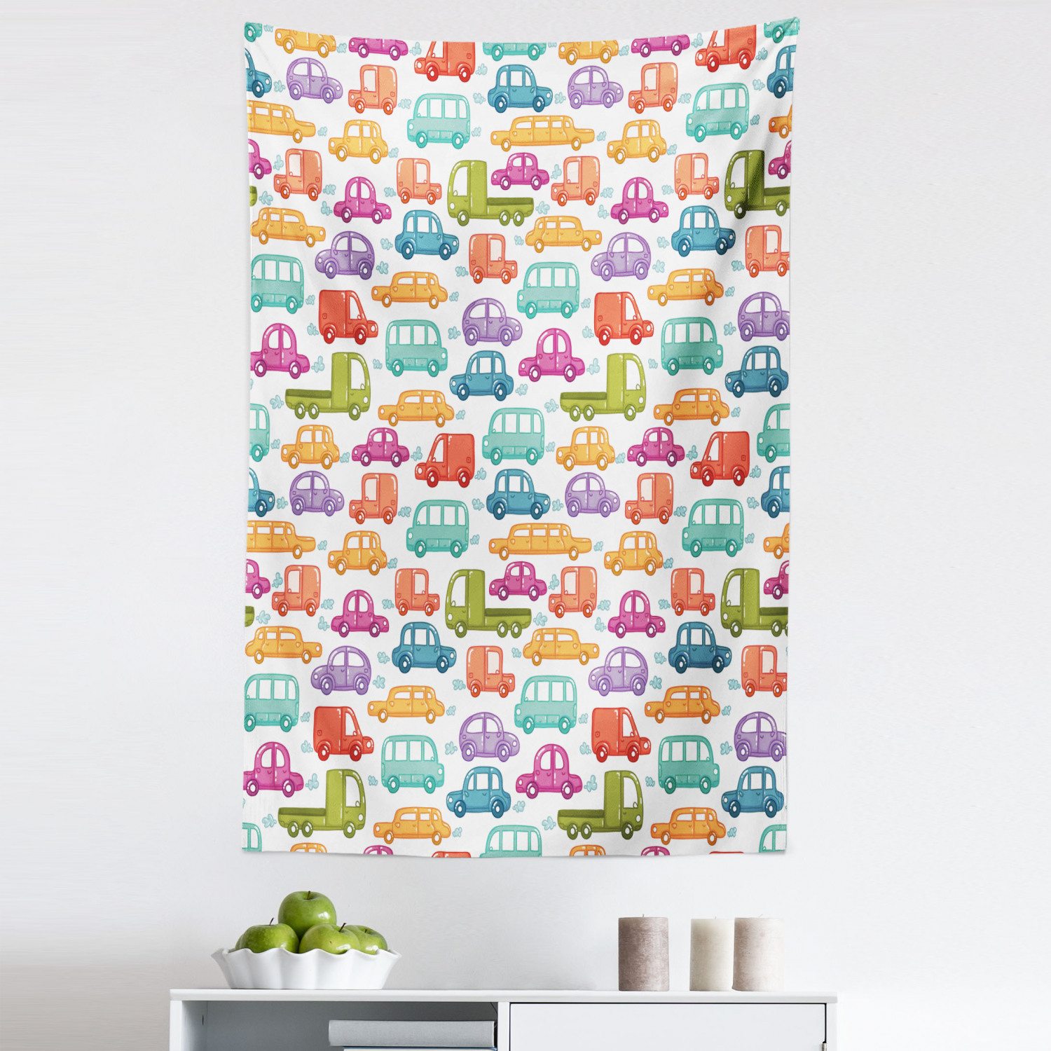 Cars Tapestry, Doodle Style Cars with Vibrant Colors Various Types of ...