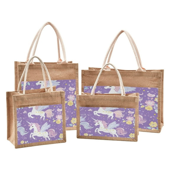 Eco-Friendly Jute Tote Bag with Zipper Pockets & Waterproof Liner, Multi-Size Reusable Shopping Bags,Unicorns and Horses