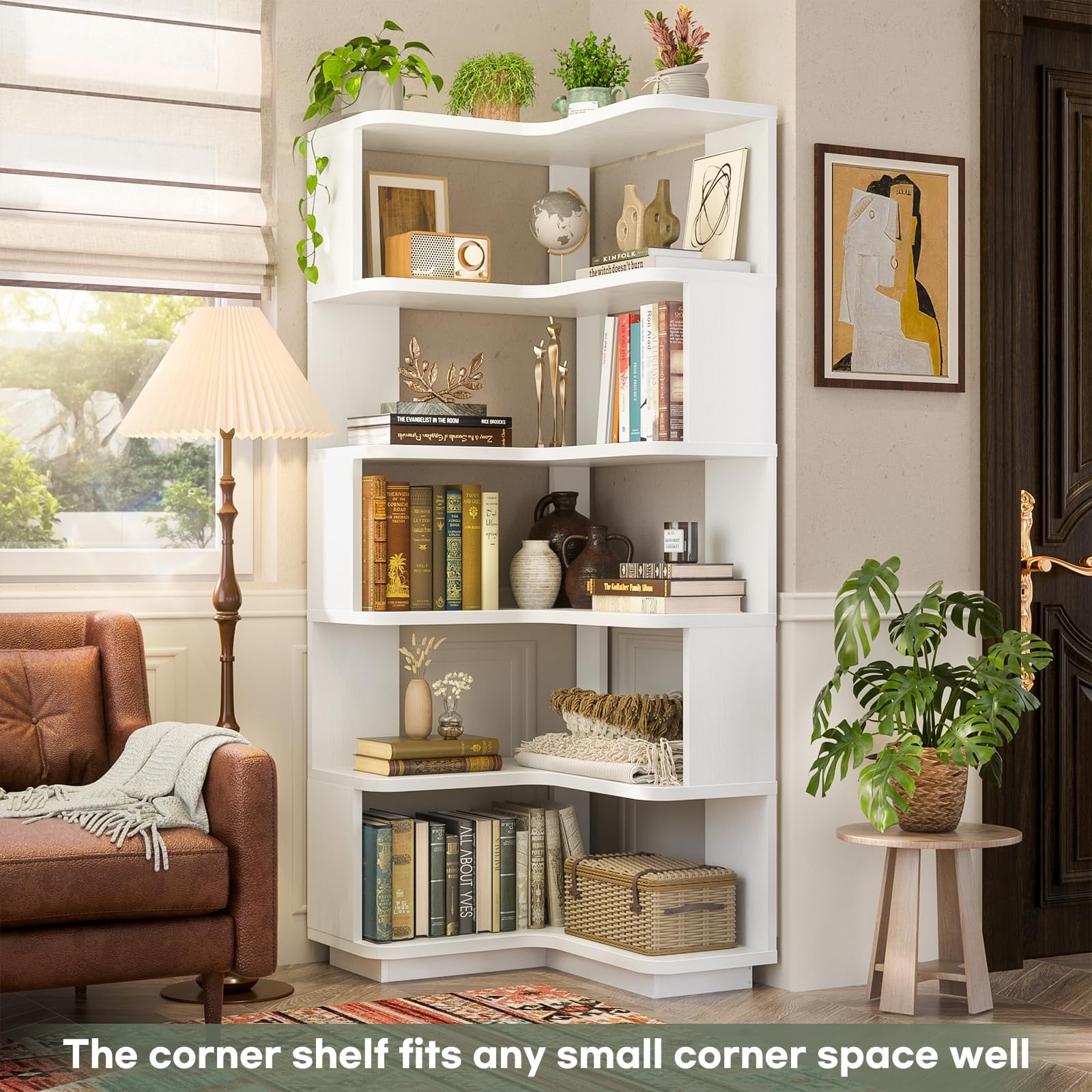 Homieasy 6-Tier Corner Bookshelf - L-Shaped Etagere Shelf with Baffles, Freestanding Storage for Living Room, Office, Bedroom,White