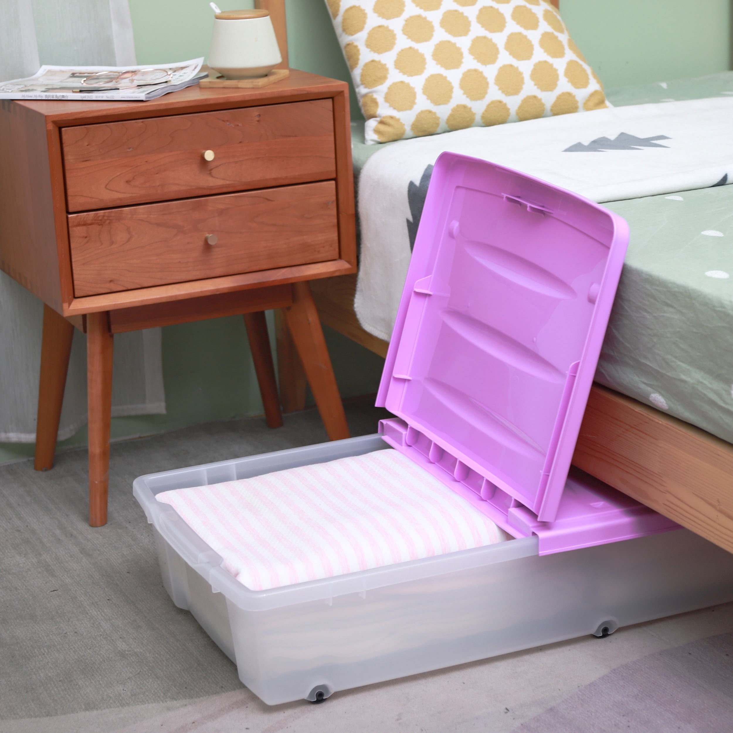 Mainstays 57 Quart Wheeled Underbed Plastic Storage, Violet Bloom