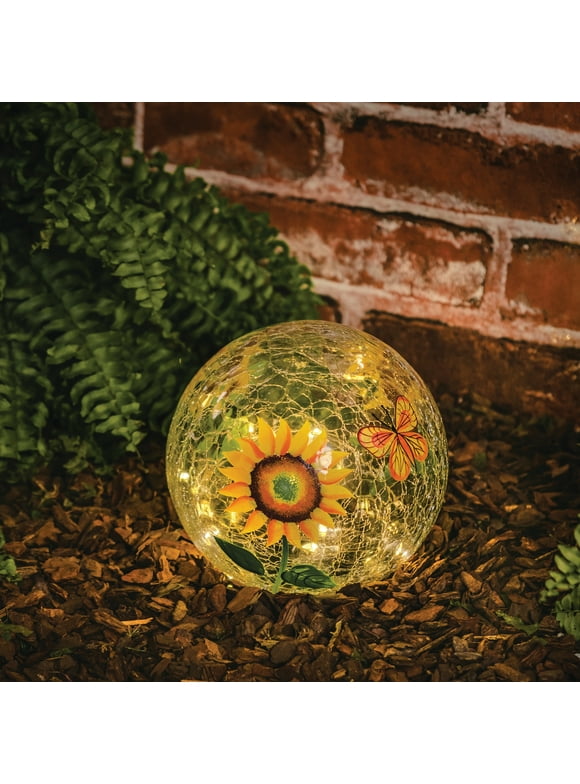 Mainstays 6 inch Solar Sunflower Crackle Glass Ball Decor