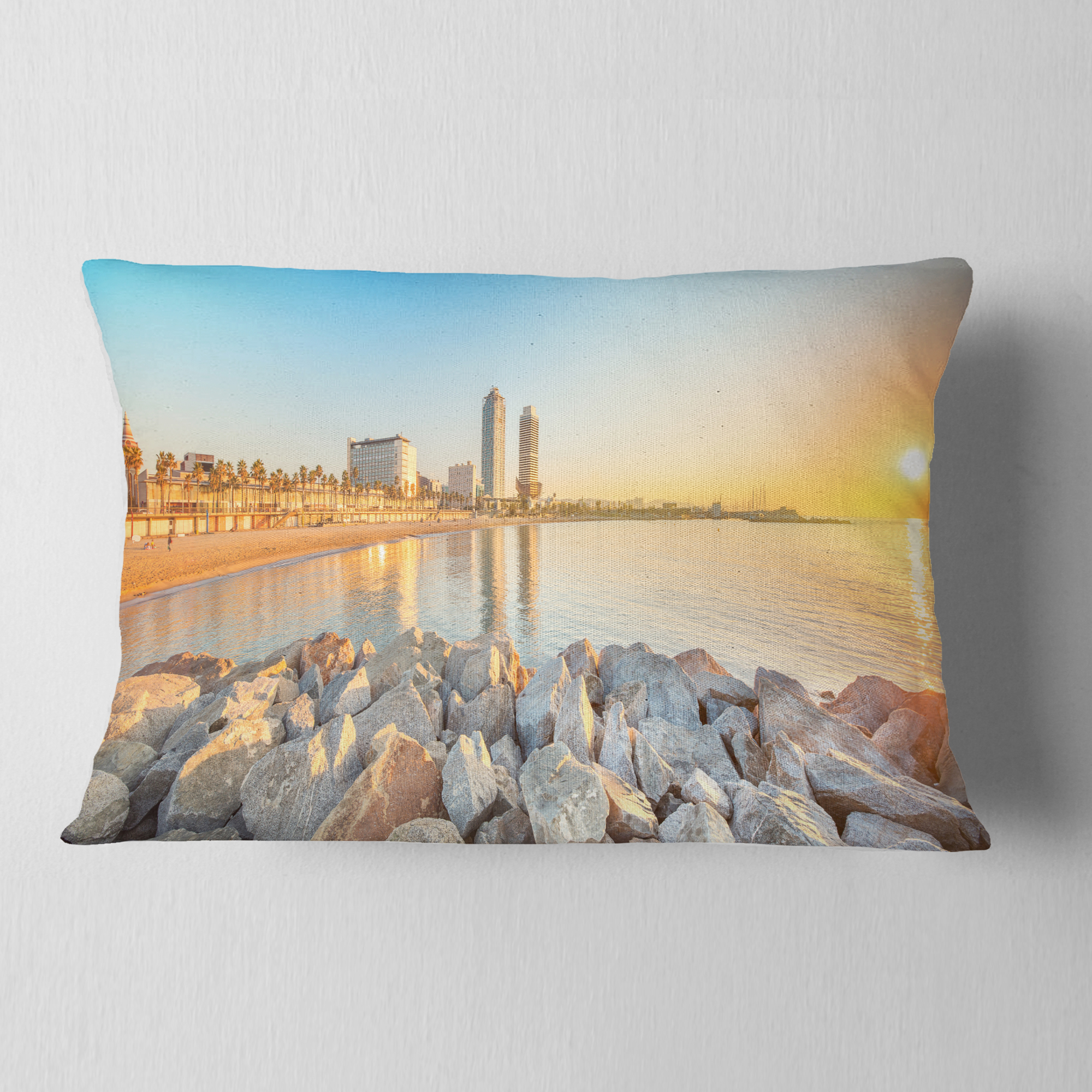 Designart Barceloneta Beach in Barcelona - Seashore Photo Throw Pillow - 12x20