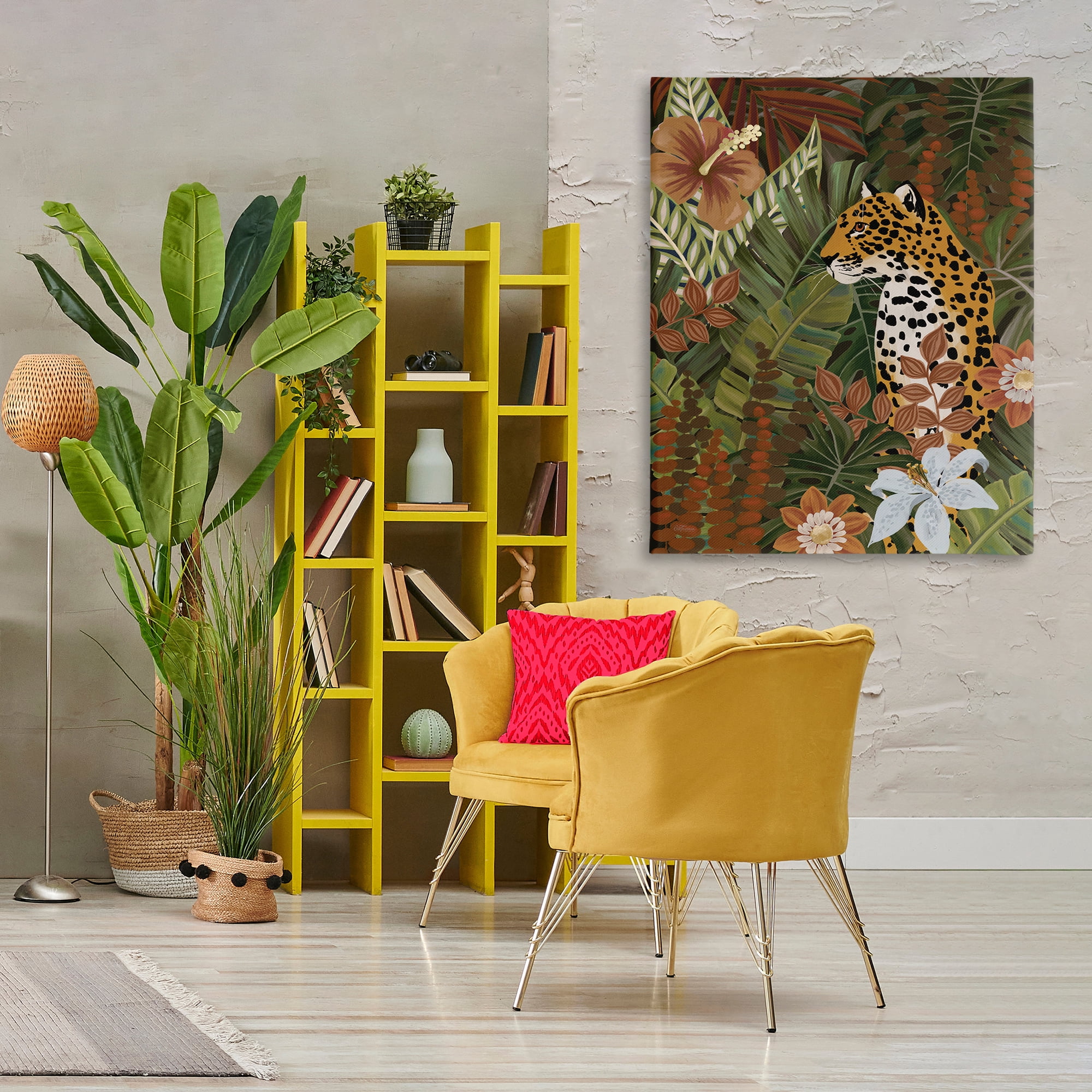 Stupell Industries Hibiscus Jungle Leopard Animals Painting Wrapped Canvas Art Print Wall Art, 36 x 48