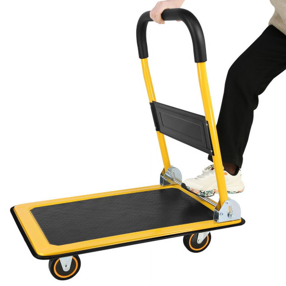 POWANLI Foldable Platform Truck, Push Dolly 330 LBS Weight Capacity, 360 Rolling, Folding Hand Truck for Luggage, Travel, Office, House (Yellow and Black) (28.7" x 19" x 32.5")