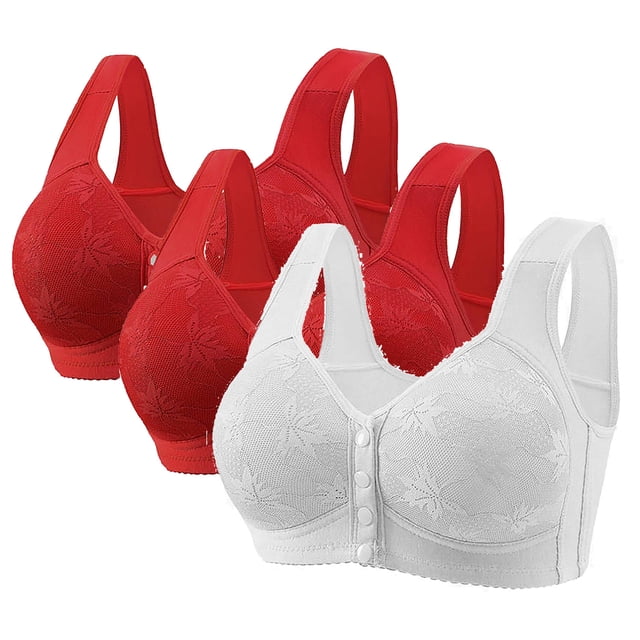 Tumotour 3PC Front Closure Bra for Women Wireless Wide Shoulder Straps Bra Breathable Full Coverage Front Button Bras Seamless Soft Convenient Push Up Snap Closing Bra for Everyday Work Life Walking