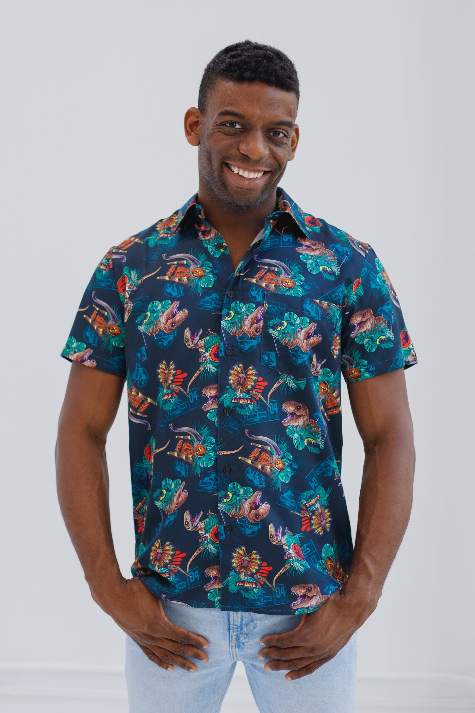 Jurassic World Park T-Rex Mens Hawaiian Button Down Dress Jurassic World Park T-Rex Mens Hawaiian Button Down Dress