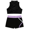 thumbnail image 4 of YiZYiF Kids Girls Sports Suit Gymnastics Athletic Outfit Sleeveless Crisscross Back Crop Top with Contrast Color Shorts Black&Lavender 14, 4 of 7