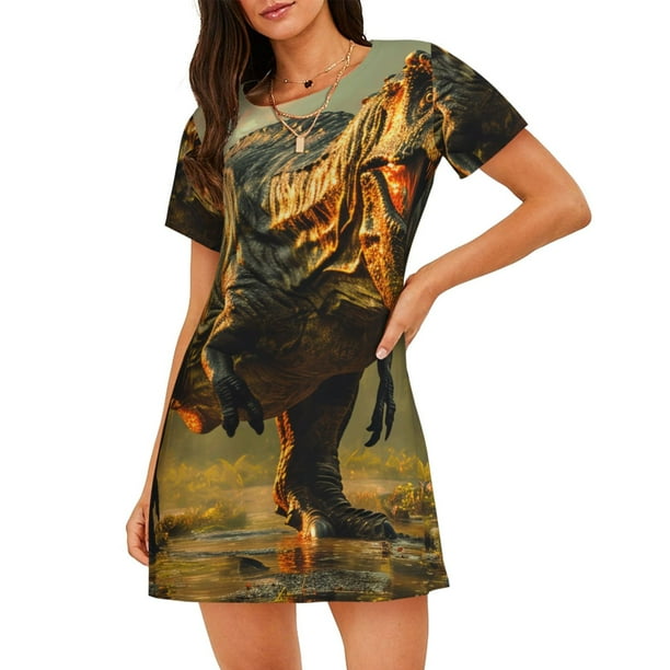 Easygdp Realistic Style Forest Dinosaur Camisón de manga corta para mujer, informal, estampado
