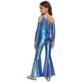 thumbnail image 2 of dPois Girls Disco Dance Metallic Jumpsuit One Shoulder Sequins Tassel Split Bell Bottom Pants Romper Blue 14, 2 of 5