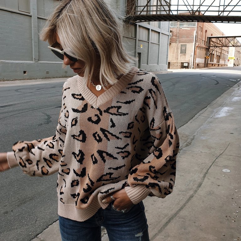 Leopard Jacquard Knitted Sweater Multi Color Splicing Casual Long