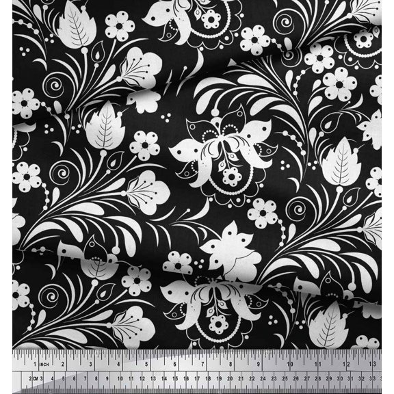 Soimoi Cotton Voile Fabric Leaves & Floral Clip Art Print Fabric by the Yard 42 Inch Wide