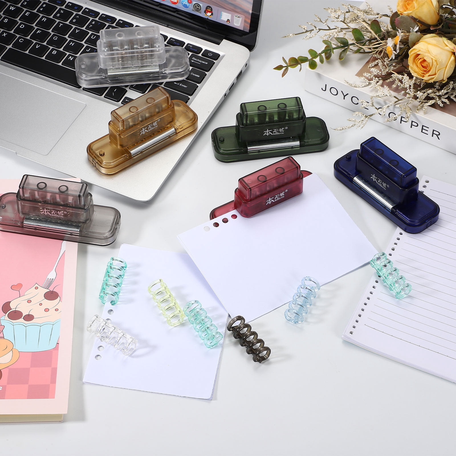 Uxcell 5 Hole Paper Punch, Hole Punch Binding Machine Spiral Coil Binder with 10Pcs 30 Ring Loose Leaf Binder Spines 5 Sheets Capacity for DIY Planner Scrapbook Office, Transparent White