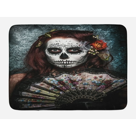 Day Of The Dead Bath Mat, Make up Artist Girl with Dead Skull Scary Mask Roses Artwork Print, Non-Slip Plush Mat Bathroom Kitchen Laundry Room Decor, 29.5 X 17.5 Inches, Cadet Blue Maroon, Ambesonne