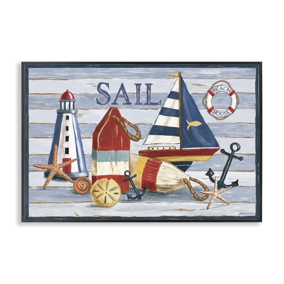 Stupell Industries Modern Striped Nautical Still Life Black Framed Giclee Art, 18 x 12, by Jennifer Brinley rep. Levison Designs