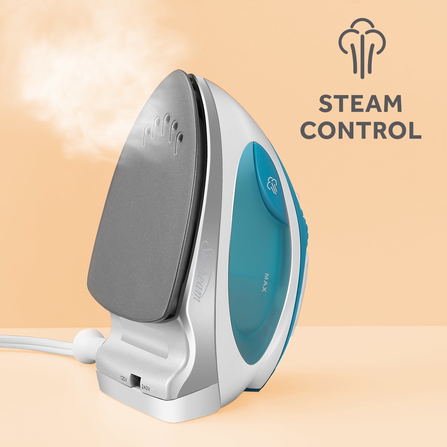 Sunbeam Travel Steam Iron, 1080 Watt Dual Voltage, Portable Non-Stick Soleplate, White-Teal