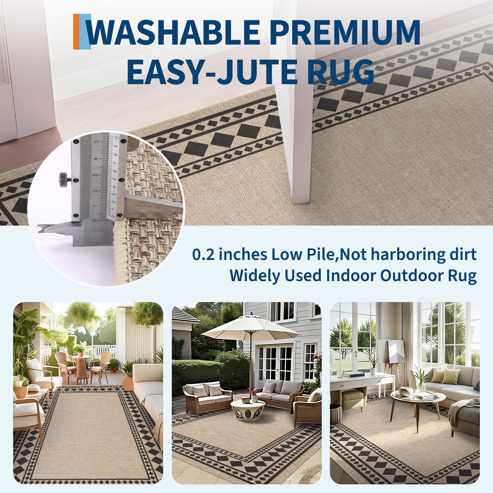 Hasoo Easy Jute Area Rug 9x12 Washable Rug for Living Room Bedroom Bordered Indoor Outdoor Geometric Carpet for Backyard, Yellow/Black