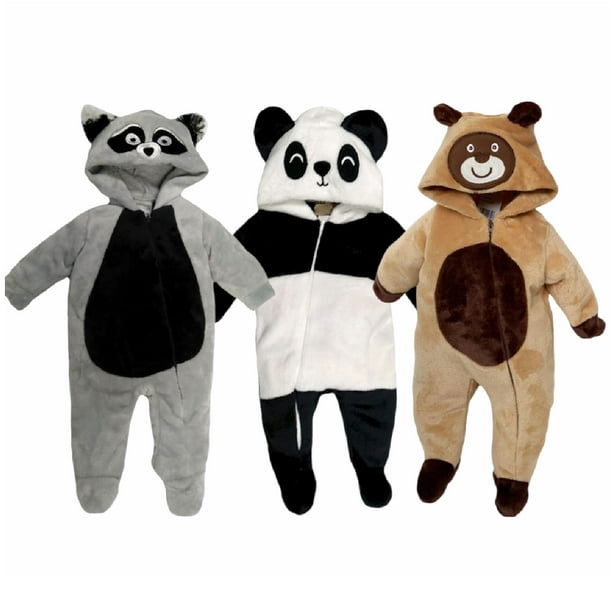 Kit 3 Mamelucos con Gorro Bordado Mapache, Panda, Oso Talla 12 meses Kiss Ropa de Recién Nacido