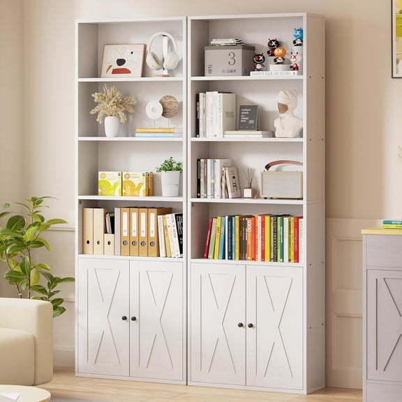 Wubio 6-Tier Open Bookcase and Bookshelf with Doors, Floor Standing Farmhouse Display Storage Shelves 71 Inch Wood Tall Bookcase for Home Office, Living Room, Bed Room, White, 2 Pieces