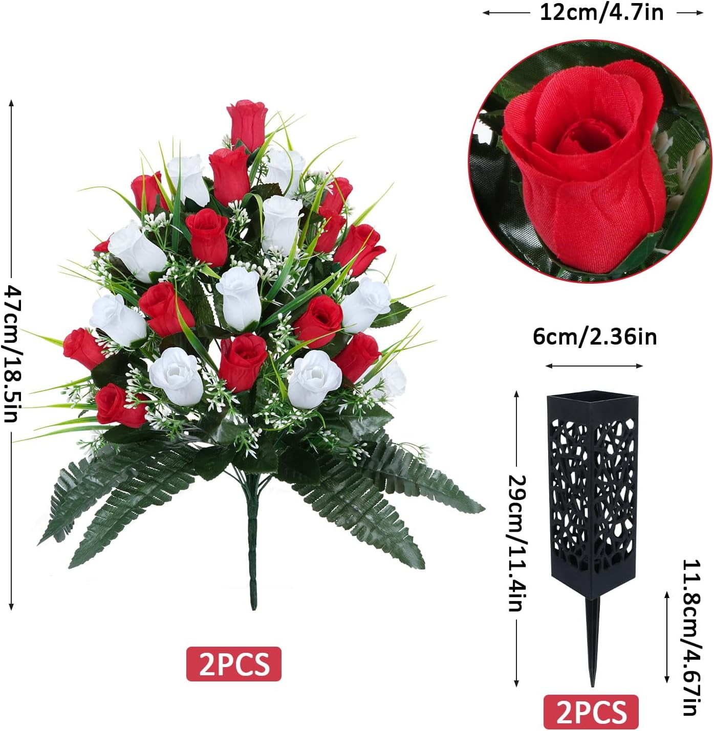 Artificial Flowers for Cemetery, 48 Heads Artificial Rose Bouquet Graveyard Memorial Silk Flowers for Cemetery Flower Arrangement with Vase for Headstone Decor Outdoor (Red & White)