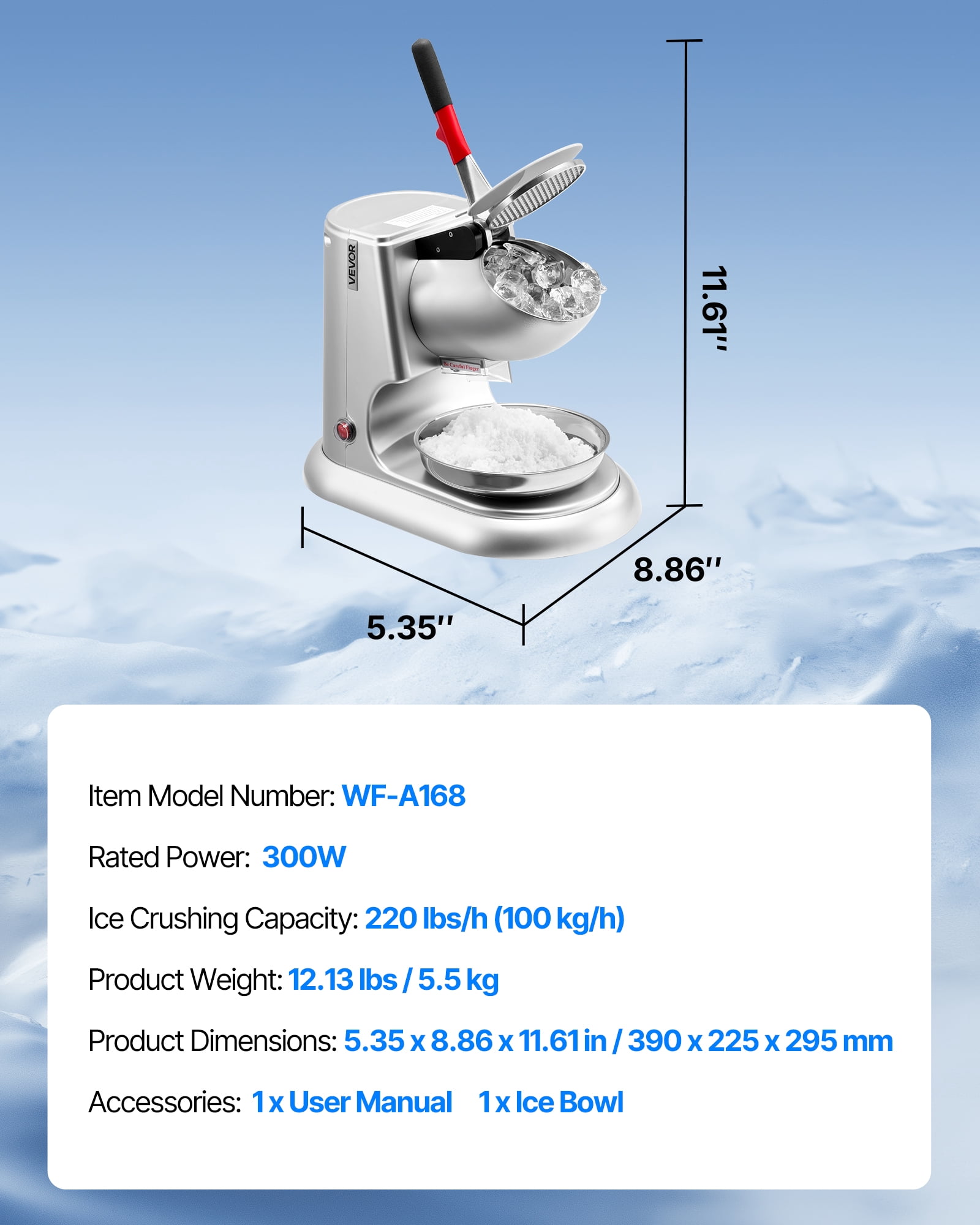 VEVOR Ice Crusher Machine, 220lbs Per Hour Electric 4 Blades Snow Cone Maker, Stainless Steel Shaved Ice Machine with Bowl and Cover, 300W 2000RPM Ice-Shaver for Home and Commercial Use, Silver